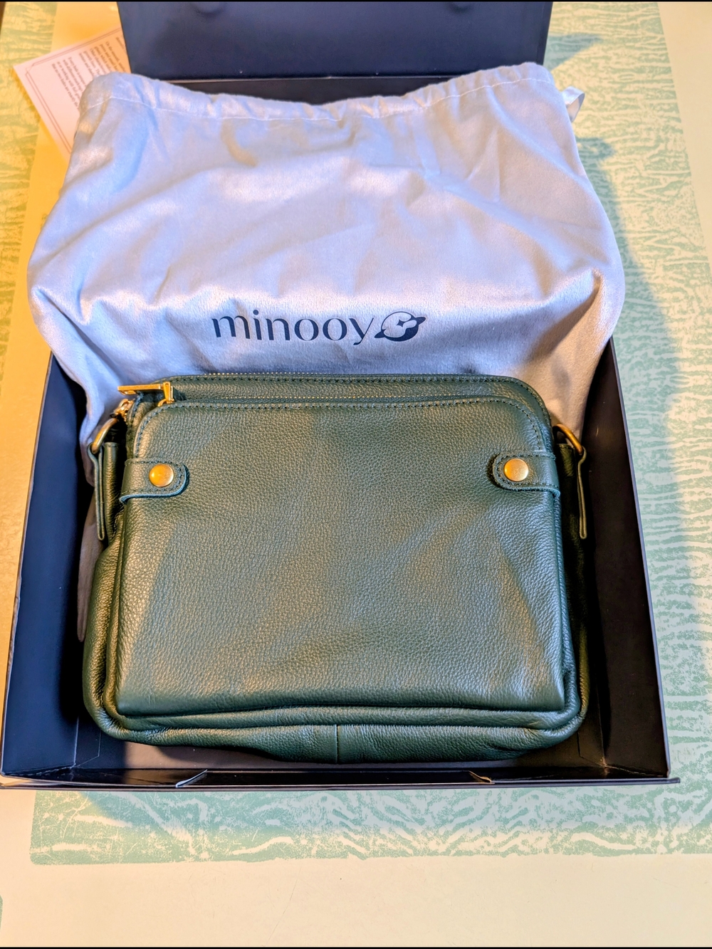Minooy Green Leather Bali Crossbody Bag NIB